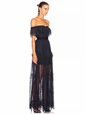 Self-Portrait Navy Off-Shoulder Lace Maxi Dress